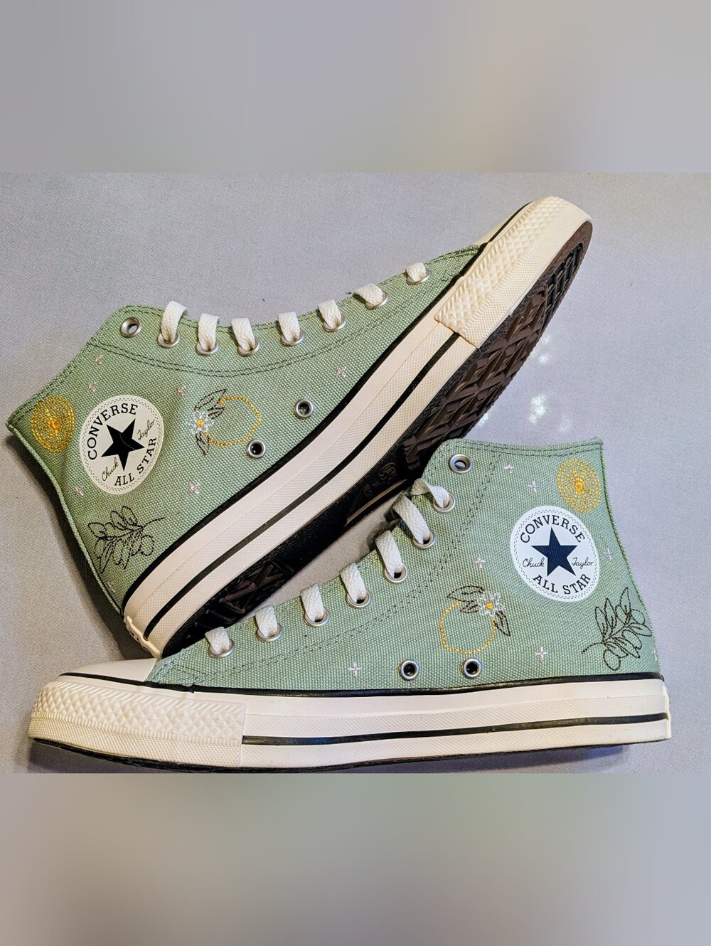 NEW Converse High Top in Sage Green with Embroidery. Men 7.5, Women 9.5.